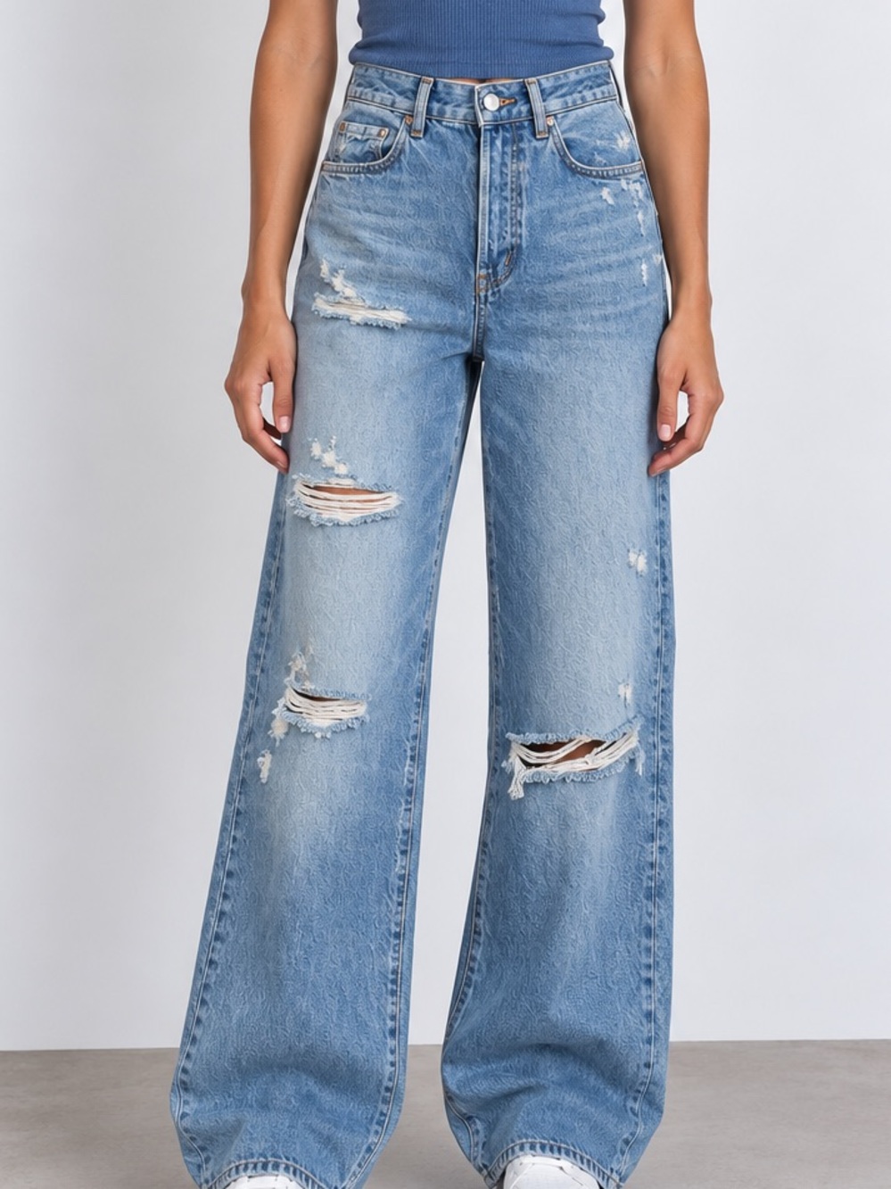 Zara High Rise Button Fly Distressed Wide Leg Jean 4